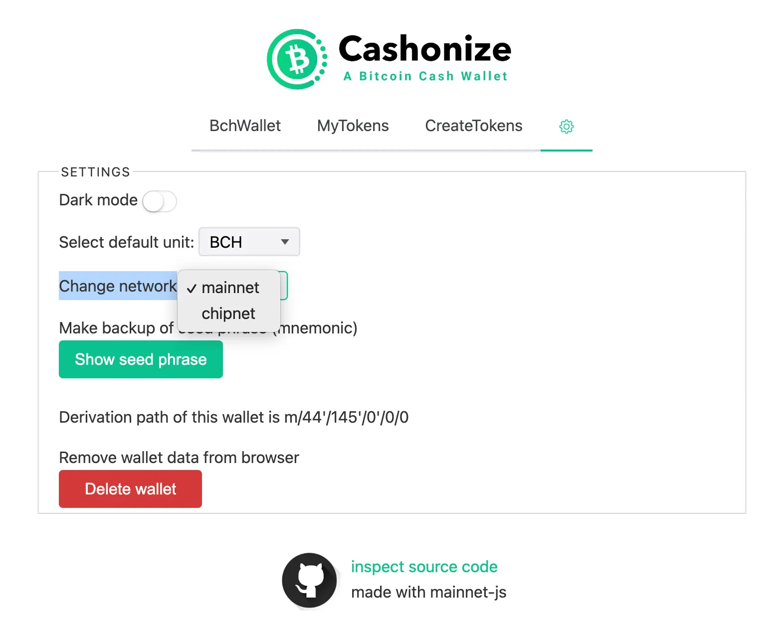 Here's where you change to chipnet, if you want